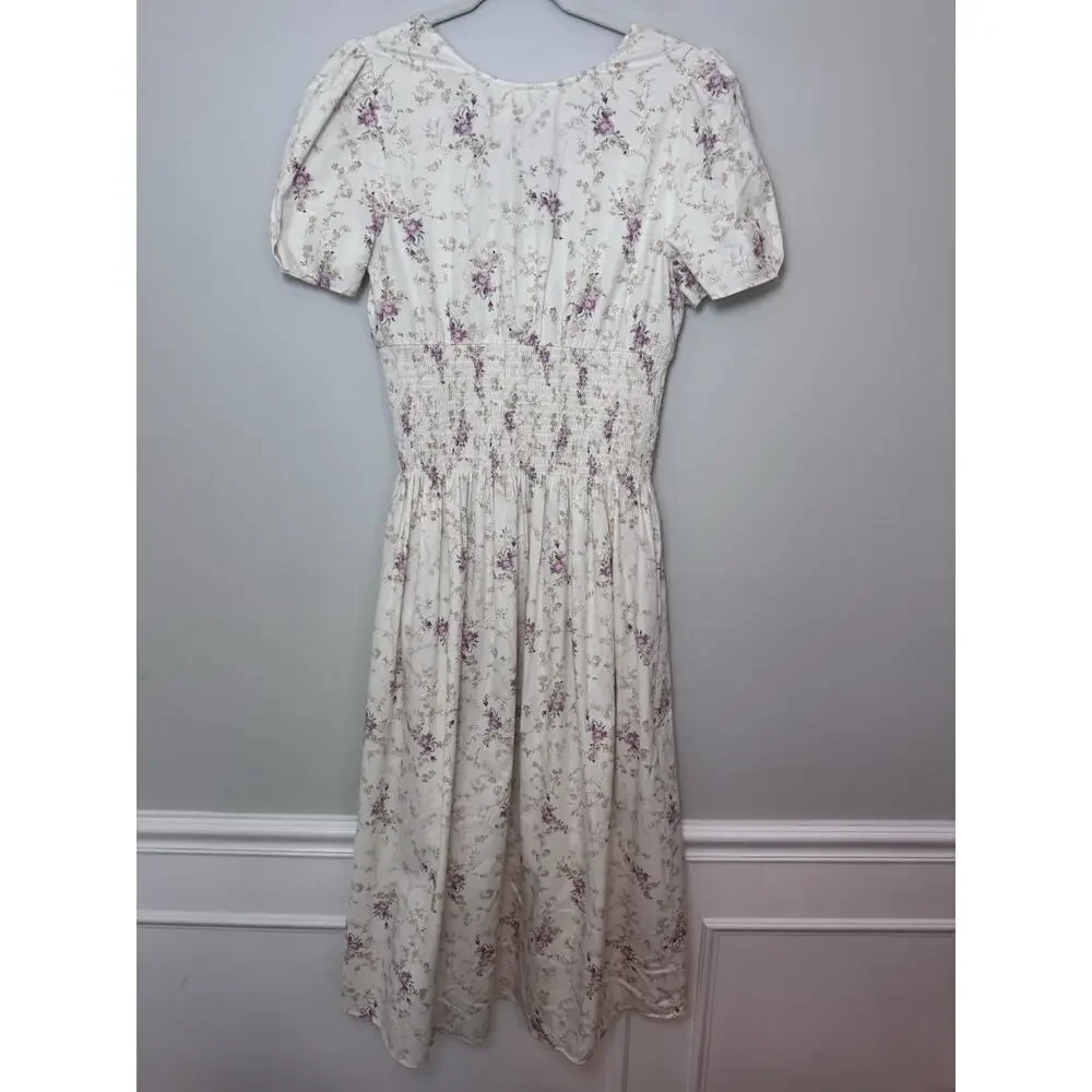 LoveShackFancy Cream Floral Midi Dress with Pink Bouquet Print - Picture 16 of 16